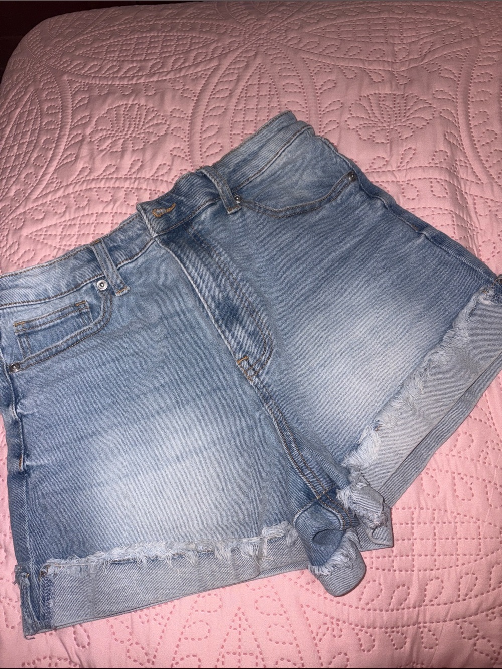 Celebrity Pink Light Blue Frayed Hem Denim Shorts